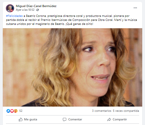 El Presidente de Cuba y la Secretaria General de la SEGIB felicitan a la ganadora del Premio Ibermúsicas de Composición para Obra Coral