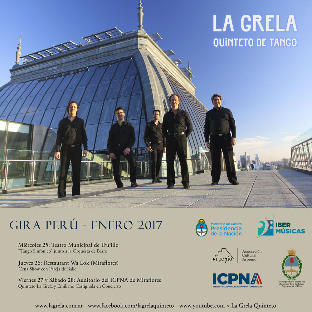 LA GRELA, QUINTETO DE TANGO llevará la emblemática música de la Ciudad de Buenos Aires, Argentina a diversos escenarios de Perú