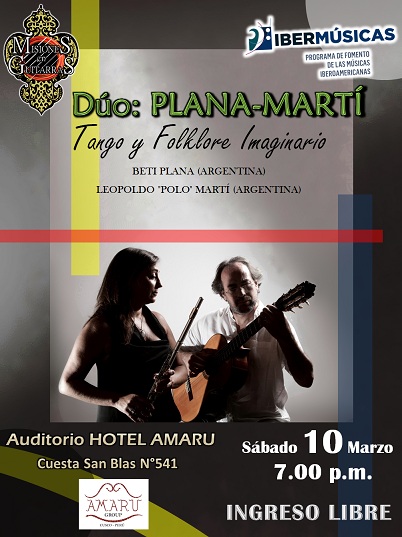 El Dúo Plana-Martí, formado por los músicos argentinos Beti Plana (flauta) y Polo Martí (guitarra), realiza su primera gira de cursos, conciertos y proyectos por Perú