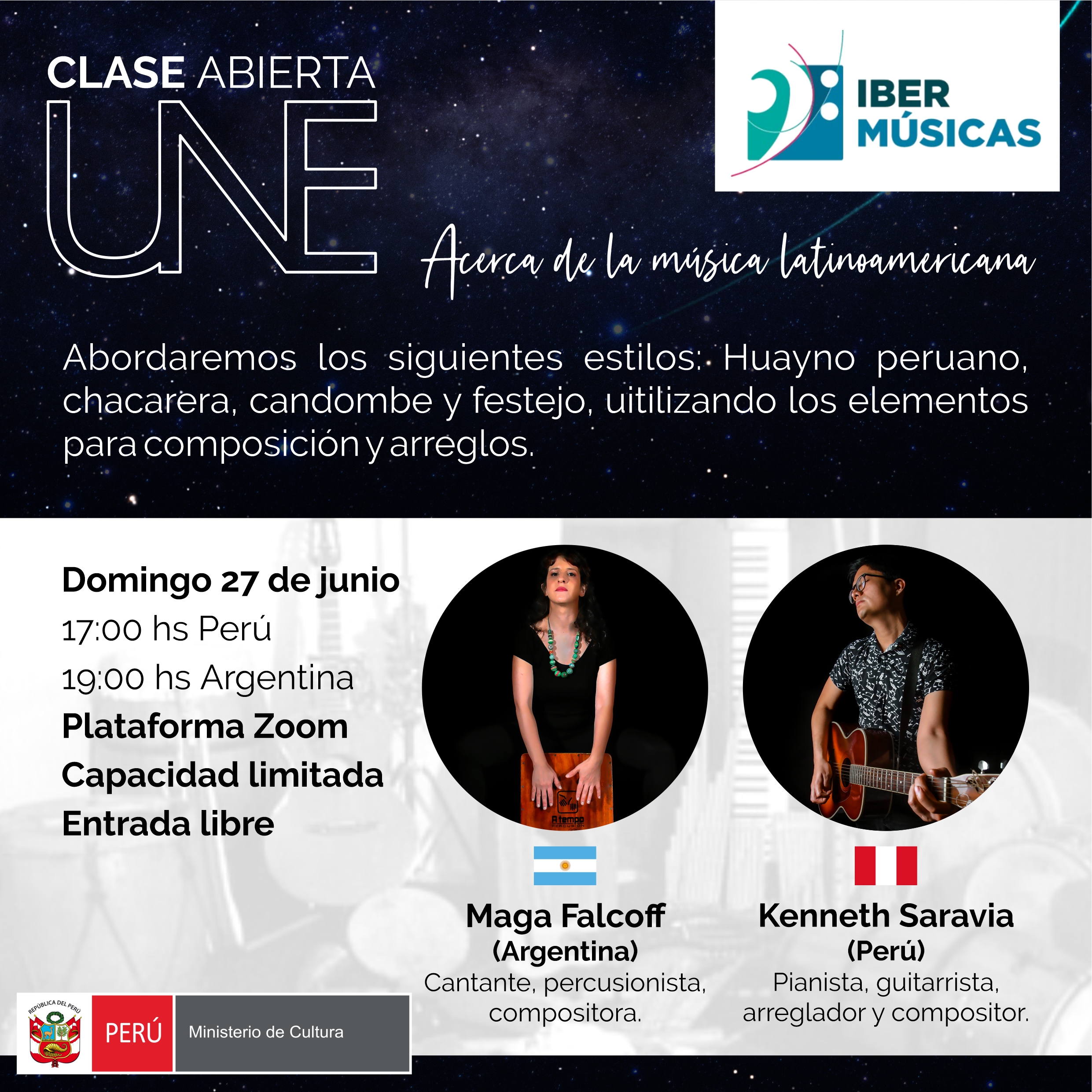 Maga Falcoff da Argentina e Kenneth Saravia do Peru se reúnem na UNE para dar uma aula aberta sobre ritmos e estilos latino-americanos