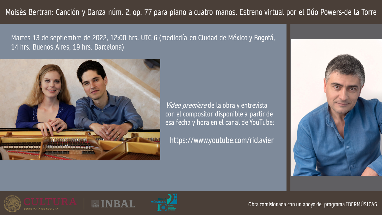 O Duo Powers-de la Torre fará a estreia da obra de Moisès Bertran Canción y danza núm. 2 para piano a quatro mãos