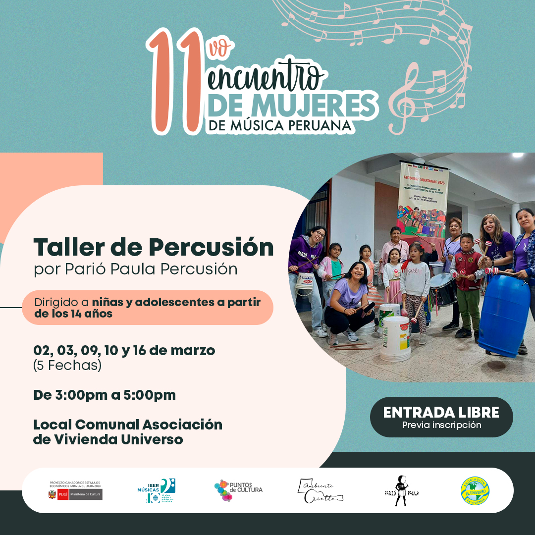 O XI Encuentro de Mujeres de Música Peruana propõe uma oficina de percussão para crianças