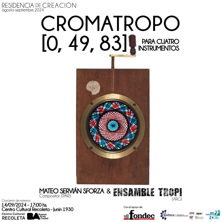 O compositor paraguaio Mateo Servián Sforza realizará uma residência criativa em Buenos Aires com o Ensamble Tropi, que culminará com a estreia da obra Cromatropo [0, 49, 83]