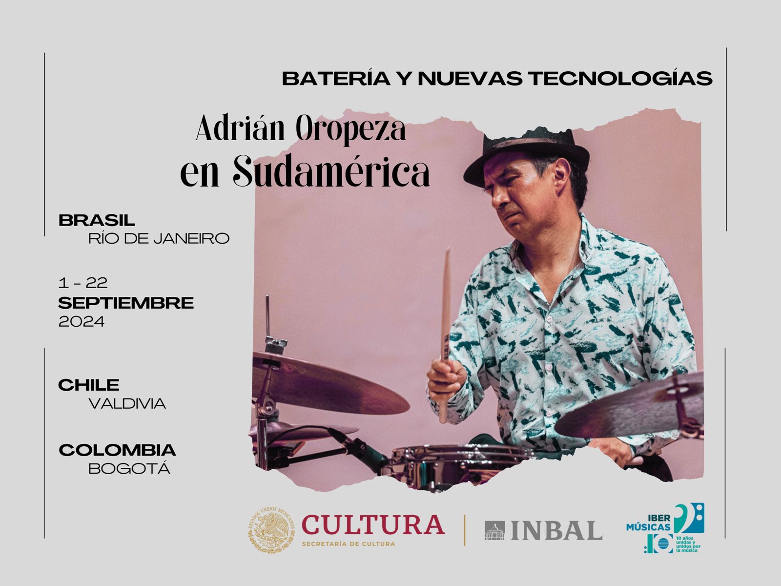 O baterista e compositor mexicano Adrian Oropeza vai estar em tournée por Brasil, Chile e Colômbia  com o seu projeto “Drums and new technologies”