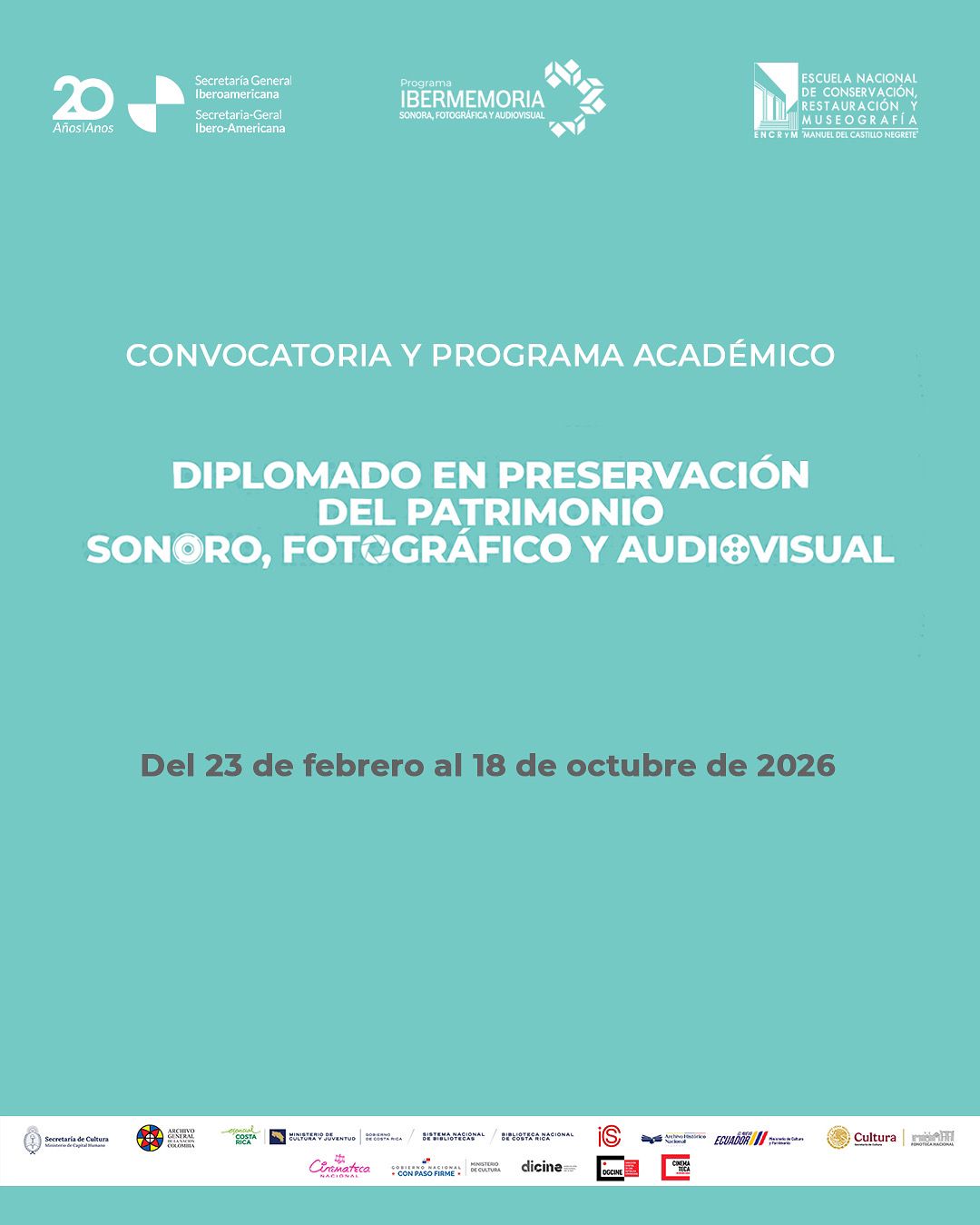 Divulgamos a convocatória aberta do Programa Ibermemória Sonora, Fotográfica e Audiovisual para o Diplomado em Preservação do Patrimônio Sonoro, Fotográfico e Audiovisual