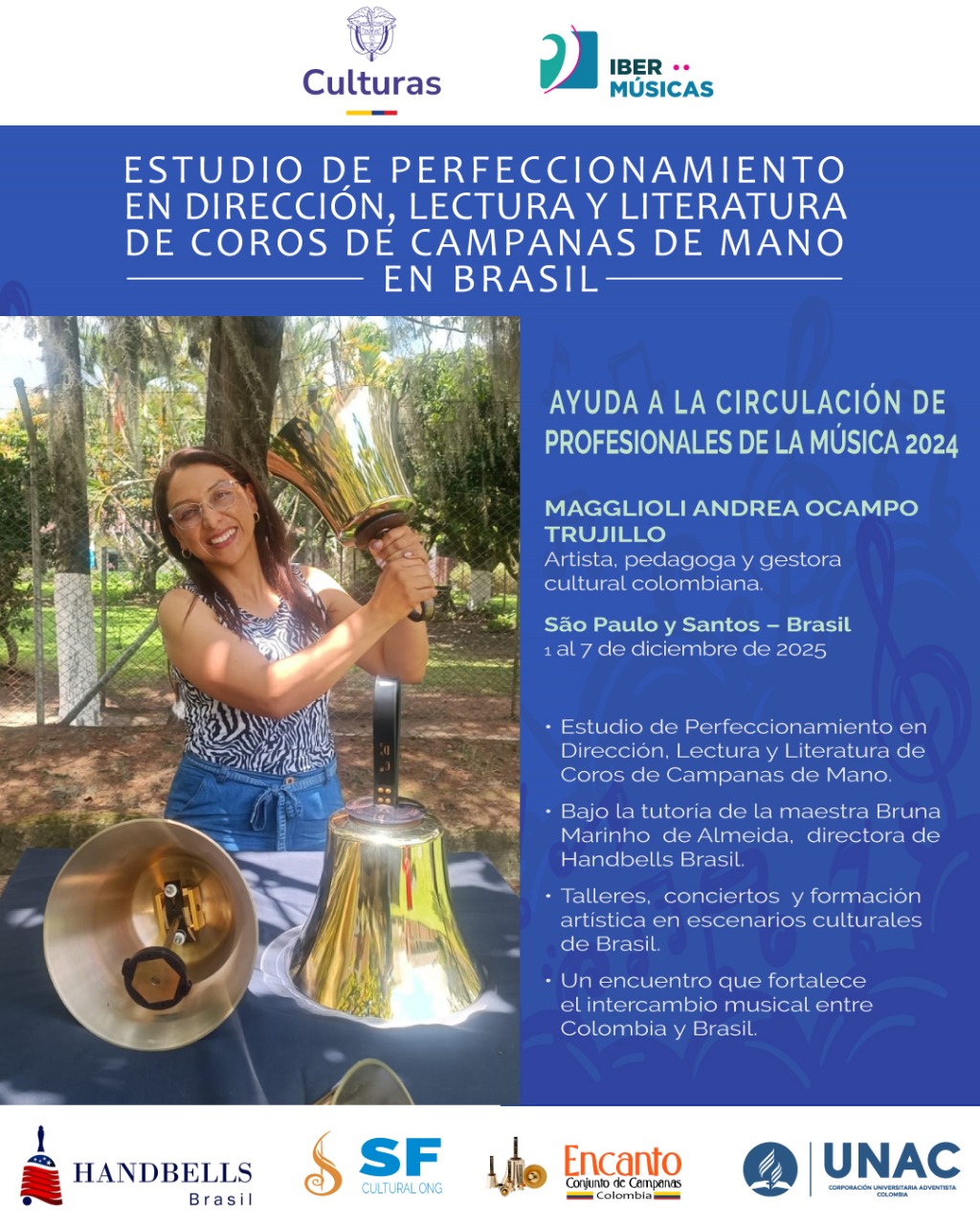 A professora colombiana Andrea Ocampo realizará uma especialização artística no Brasil com a Handbells Brasil