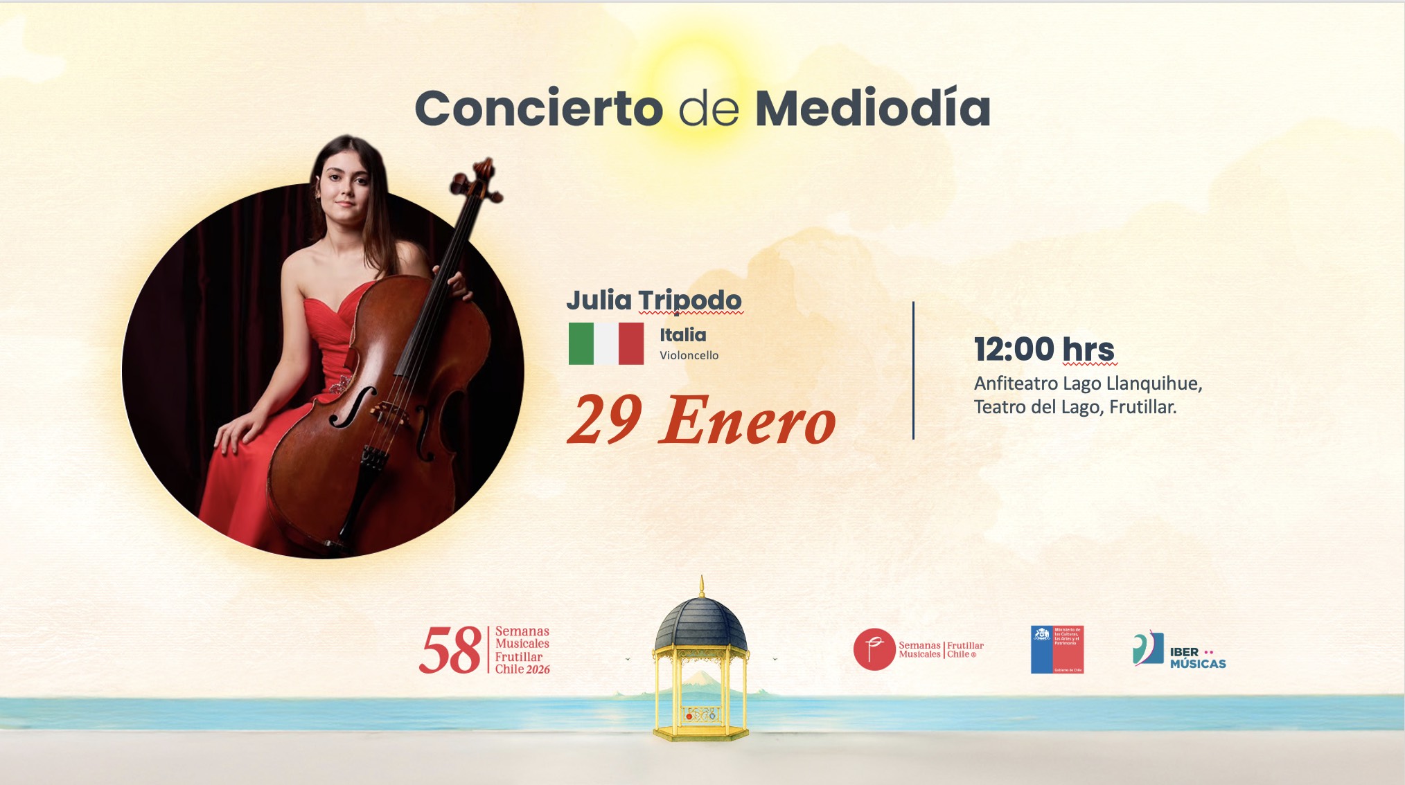 A jovem violoncelista ítalo-argentina-espanhola Julia Tripodo realizará concertos e ministrará masterclasses no âmbito do Festival das Semanas Musicais de Frutillar